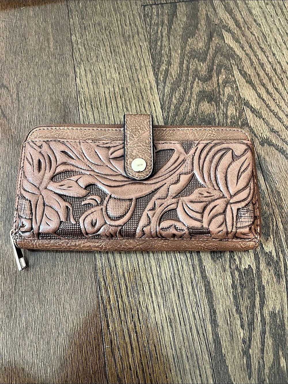 Embossed Zip-Around Wallet in Brown